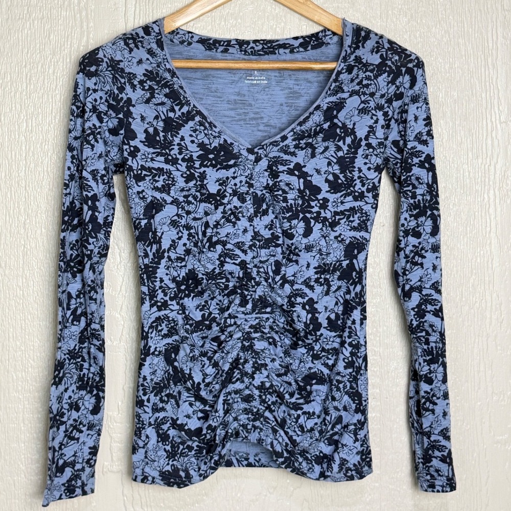 Pilcro Anthropologie Blue Flora Ruched V-Neck Long Sleeve Top Small New w tags